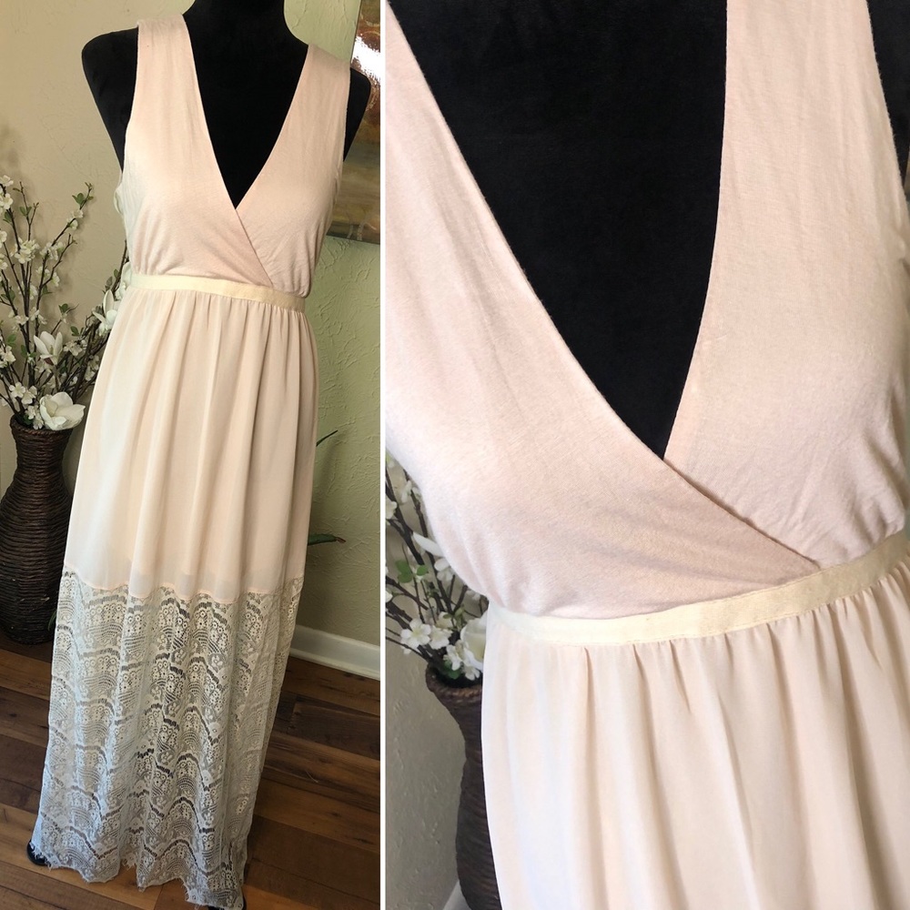 LoveRiche Off White Maxi Dress w/ Lace Bottom